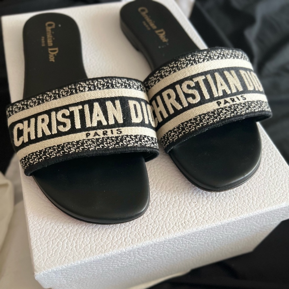 Authentic Christian Dior D-Way Slides black and off white